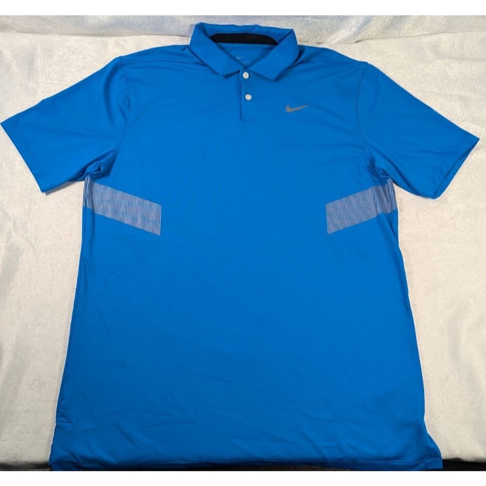 Nike Dri-FIT Blue Polo Mens M Golf Athletic Gray Stripe Swoosh READ